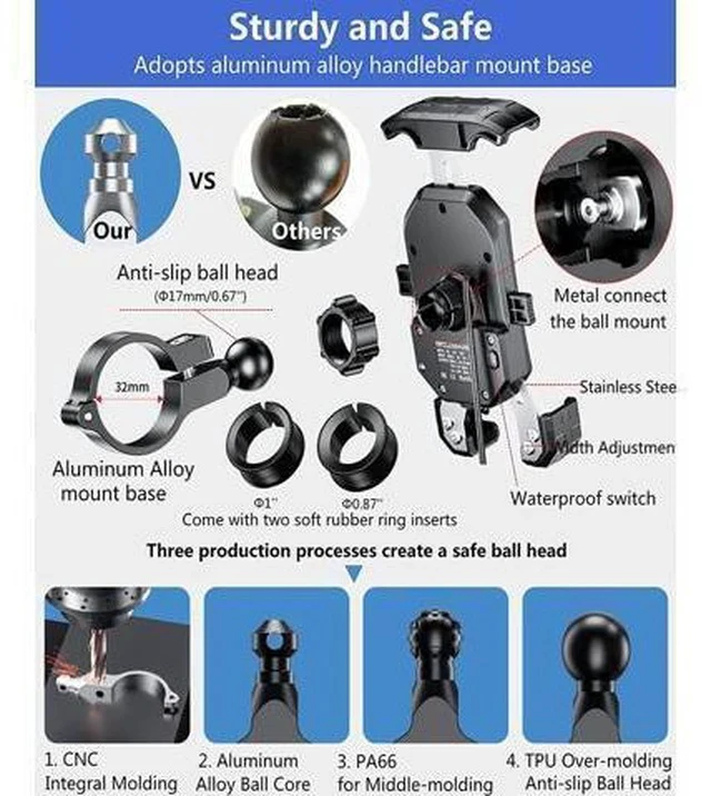 Alt view image 4 of 6 - KEWIG Waterproof Motorcycle Phone Mount Qi 15W Wireless & USB C 20W Fast Chargeing Port Automatically Lock & Quick Release Handlebar Cell Phone Holder for 4-7 Phones