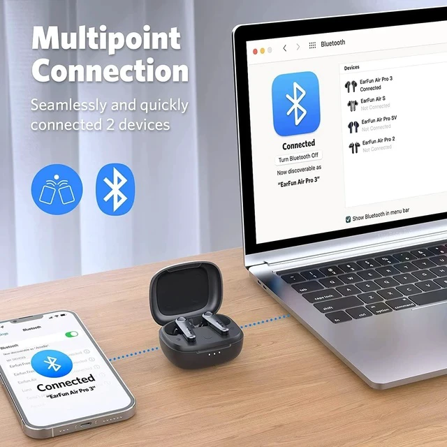 Alt view image 6 of 7 - EarFun Air Pro 3 Noise Cancelling Wireless Earbuds, Qualcomm® aptX Adaptive Sound, 6 Mics CVC 8.0 ENC, Bluetooth 5.3 Earbuds, Multipoint Connection, 45H Playtime, App Customize EQ, Wireless Charging