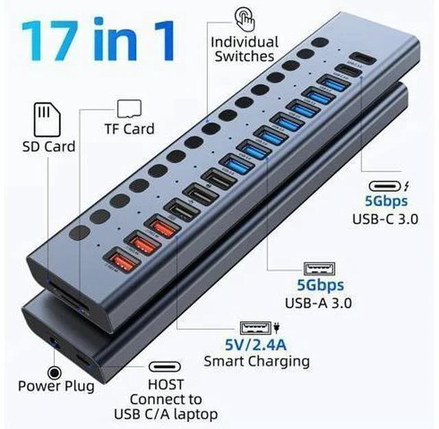 Alt view image 2 of 7 - Powered USB Hub, VANGREE 17-Port 90W USB 3.0 Splitter (7 USB 3.0 Ports+3 Smart Charging Ports+3 USB 2.0 Ports+2 USB-C 3.0 Ports+SD/TF Card Reader), 12V/7.5A Power Adapter for Laptop, PC