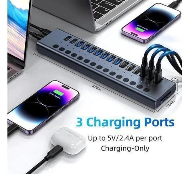 Alt view image 4 of 7 - Powered USB Hub, VANGREE 17-Port 90W USB 3.0 Splitter (7 USB 3.0 Ports+3 Smart Charging Ports+3 USB 2.0 Ports+2 USB-C 3.0 Ports+SD/TF Card Reader), 12V/7.5A Power Adapter for Laptop, PC