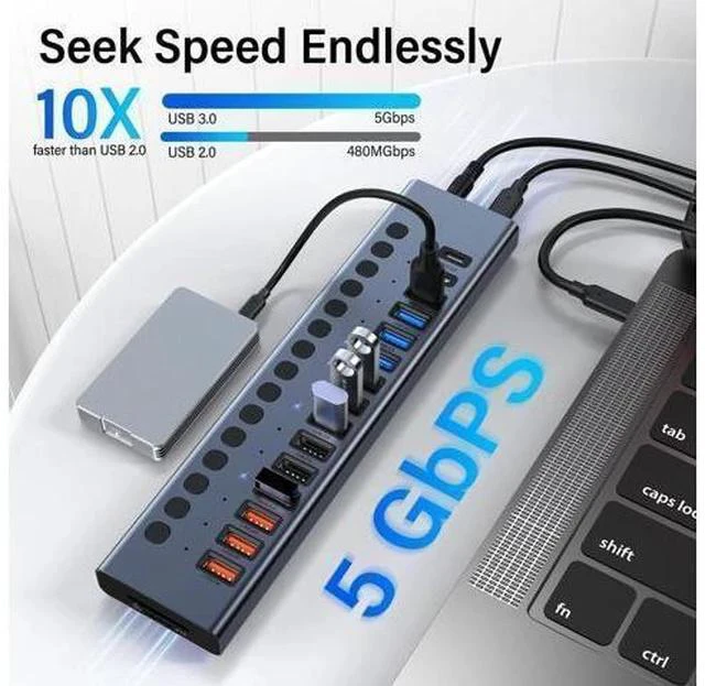 Alt view image 3 of 7 - Powered USB Hub, VANGREE 17-Port 90W USB 3.0 Splitter (7 USB 3.0 Ports+3 Smart Charging Ports+3 USB 2.0 Ports+2 USB-C 3.0 Ports+SD/TF Card Reader), 12V/7.5A Power Adapter for Laptop, PC