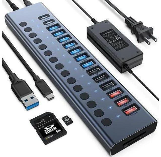 Main image of Powered USB Hub, VANGREE 17-Port 90W USB 3.0 Splitter (7 USB 3.0 Ports+3 Smart Charging Ports+3 USB 2.0 Ports+2 USB-C 3.0 Ports+SD/TF Card Reader), 12V/7.5A Power Adapter for Laptop, PC