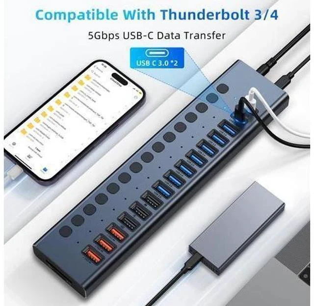 Alt view image 6 of 7 - Powered USB Hub, VANGREE 17-Port 90W USB 3.0 Splitter (7 USB 3.0 Ports+3 Smart Charging Ports+3 USB 2.0 Ports+2 USB-C 3.0 Ports+SD/TF Card Reader), 12V/7.5A Power Adapter for Laptop, PC