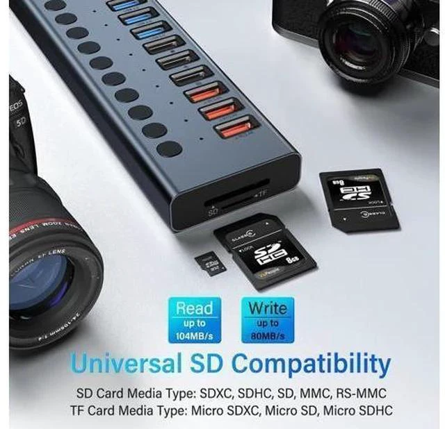 Alt view image 5 of 7 - Powered USB Hub, VANGREE 17-Port 90W USB 3.0 Splitter (7 USB 3.0 Ports+3 Smart Charging Ports+3 USB 2.0 Ports+2 USB-C 3.0 Ports+SD/TF Card Reader), 12V/7.5A Power Adapter for Laptop, PC
