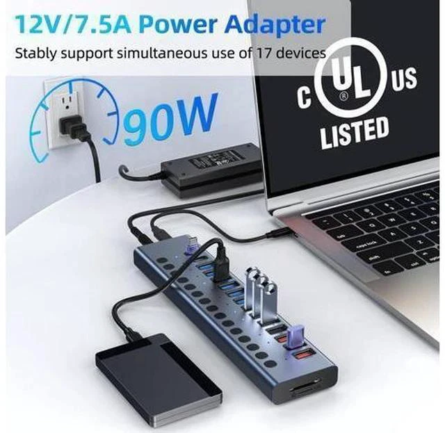 Alt view image 7 of 7 - Powered USB Hub, VANGREE 17-Port 90W USB 3.0 Splitter (7 USB 3.0 Ports+3 Smart Charging Ports+3 USB 2.0 Ports+2 USB-C 3.0 Ports+SD/TF Card Reader), 12V/7.5A Power Adapter for Laptop, PC