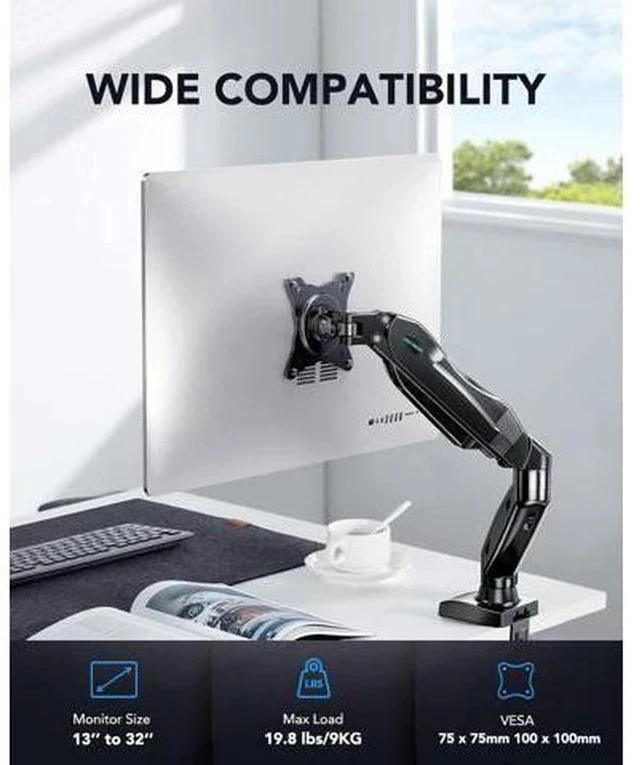 Alt view image 2 of 7 - HUANUO Single Monitor Mount, 13 to 32 Inch Gas Monitor Arm, Adjustable Stand, Vesa Mount with Clamp and Grommet Base - Fits 4.4 to 19.8lbs LCD Computer Monitors