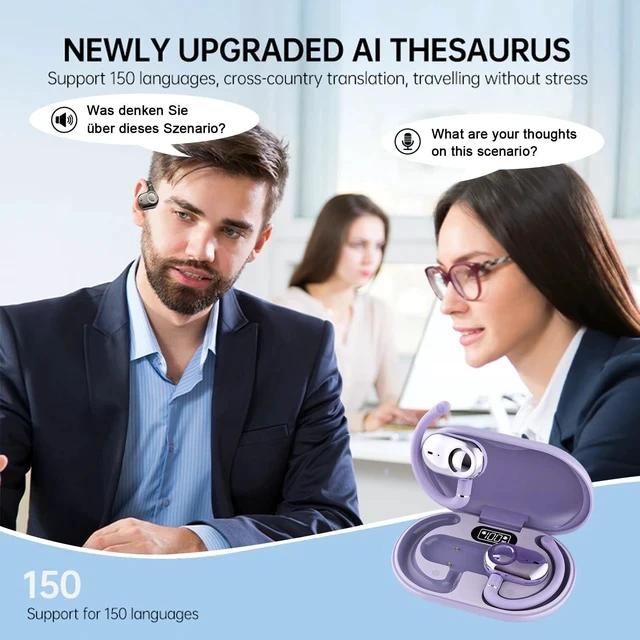 Alt view image 2 of 7 - Over The Ear Translator Earbuds AI Translation Earbuds Earphones Real Time 150 Language Translator Ear Buds Translating Bone Conduction Headphones Wireless Bluetooth Out of Ear Open Ear Earbuds