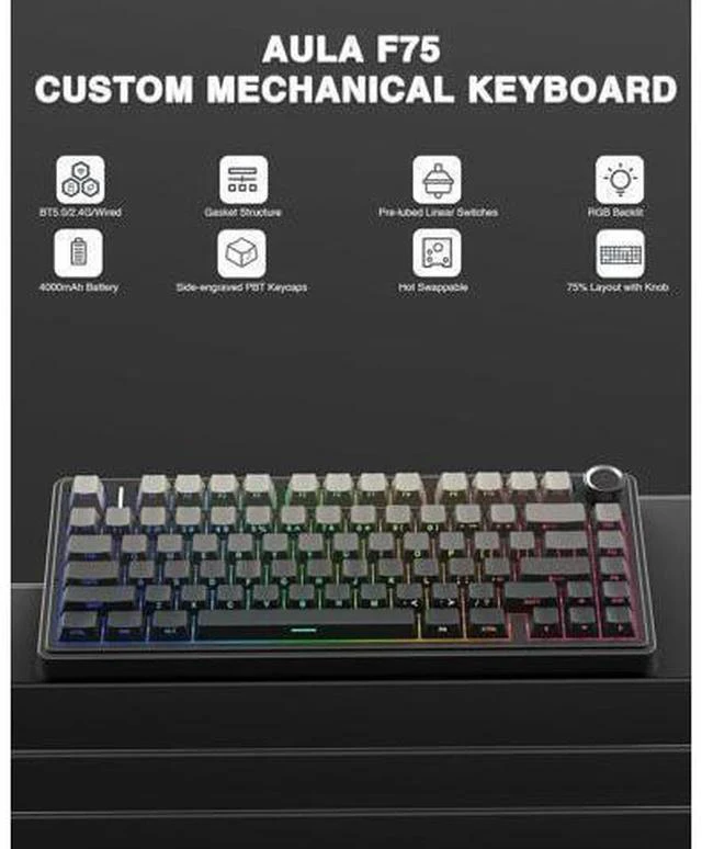 Alt view image 2 of 7 - AULA F75 Pro Wireless Mechanical Keyboard,75% Gasket Hot Swappable Custom Keyboard,RGB Backlit,Pre-lubed Reaper Switches,Side Printed PBT Keycaps,2.4GHz/USB-C/BT5.0 Mechanical Gaming Keyboard