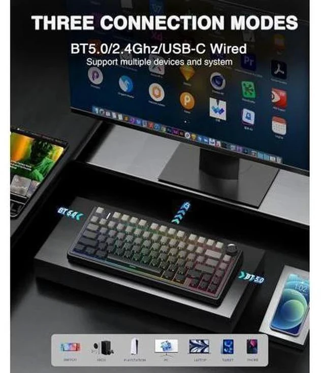 Alt view image 3 of 7 - AULA F75 Pro Wireless Mechanical Keyboard,75% Gasket Hot Swappable Custom Keyboard,RGB Backlit,Pre-lubed Reaper Switches,Side Printed PBT Keycaps,2.4GHz/USB-C/BT5.0 Mechanical Gaming Keyboard