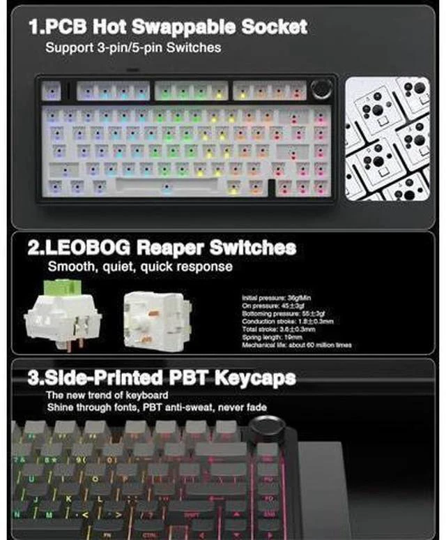 Alt view image 5 of 7 - AULA F75 Pro Wireless Mechanical Keyboard,75% Gasket Hot Swappable Custom Keyboard,RGB Backlit,Pre-lubed Reaper Switches,Side Printed PBT Keycaps,2.4GHz/USB-C/BT5.0 Mechanical Gaming Keyboard