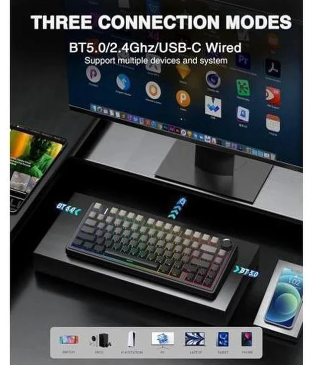 Alt view image 3 of 7 - AULA F75 Pro Wireless Mechanical Keyboard,75% Gasket Hot Swappable Custom Keyboard,RGB Backlit,Pre-lubed Reaper Switches,Side Printed PBT Keycaps,2.4GHz/USB-C/BT5.0 Mechanical Gaming Keyboard