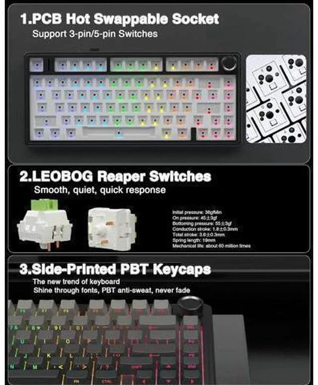 Alt view image 5 of 7 - AULA F75 Pro Wireless Mechanical Keyboard,75% Gasket Hot Swappable Custom Keyboard,RGB Backlit,Pre-lubed Reaper Switches,Side Printed PBT Keycaps,2.4GHz/USB-C/BT5.0 Mechanical Gaming Keyboard