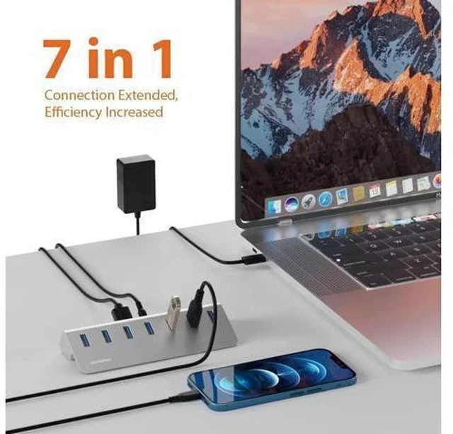 Alt view image 2 of 7 - Achoro 7 Ports Powered USB HUB - 2nd Generation 10GB Super Speed External USB Port - USB 3.2 Aluminium USB Hub for Computer, Mac, PCs, Smartphone & Tablets - Computer Multiple USB Hub (POWERED SILVER)