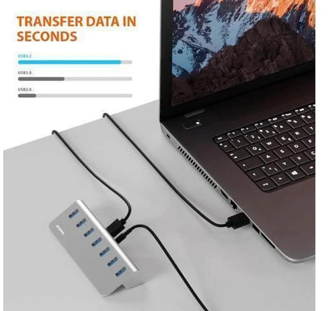 Alt view image 3 of 7 - Achoro 7 Ports Powered USB HUB - 2nd Generation 10GB Super Speed External USB Port - USB 3.2 Aluminium USB Hub for Computer, Mac, PCs, Smartphone & Tablets - Computer Multiple USB Hub (POWERED SILVER)