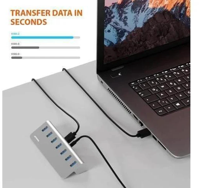 Alt view image 7 of 7 - Achoro 7 Ports Powered USB HUB - 2nd Generation 10GB Super Speed External USB Port - USB 3.2 Aluminium USB Hub for Computer, Mac, PCs, Smartphone & Tablets - Computer Multiple USB Hub (POWERED SILVER)