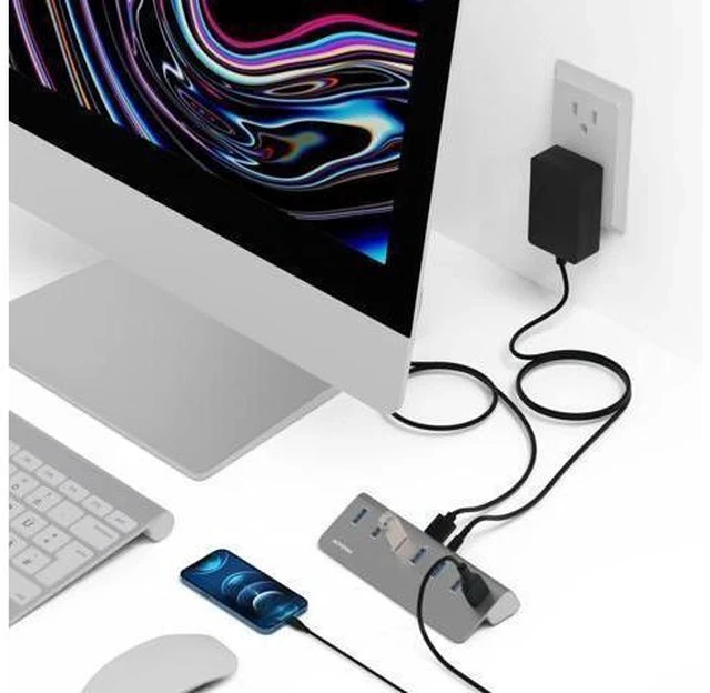 Alt view image 4 of 7 - Achoro 7 Ports Powered USB HUB - 2nd Generation 10GB Super Speed External USB Port - USB 3.2 Aluminium USB Hub for Computer, Mac, PCs, Smartphone & Tablets - Computer Multiple USB Hub (POWERED SILVER)