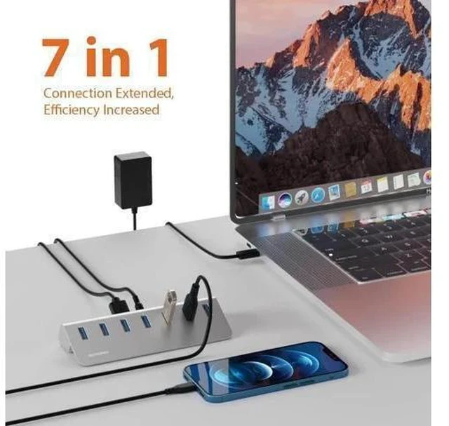 Alt view image 6 of 7 - Achoro 7 Ports Powered USB HUB - 2nd Generation 10GB Super Speed External USB Port - USB 3.2 Aluminium USB Hub for Computer, Mac, PCs, Smartphone & Tablets - Computer Multiple USB Hub (POWERED SILVER)
