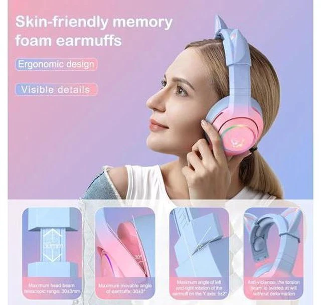 Alt view image 2 of 7 - PHNIXGAM Gaming Headset for PS4, PS5, Xbox One(No Adapter), Cat Ear Headphones with Noise Cancelling Microphone, RGB Backlight, Surround Sound for PC, Mobile Phone, Gradient Pink Blue