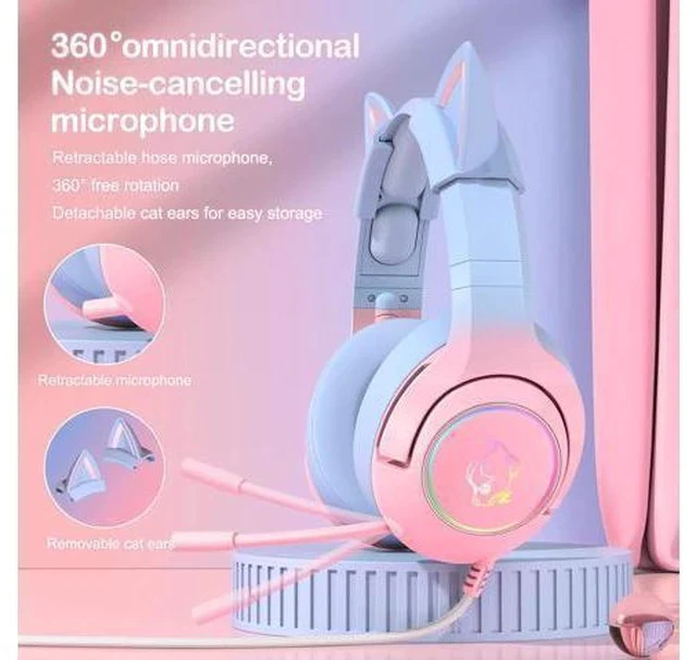 Alt view image 3 of 7 - PHNIXGAM Gaming Headset for PS4, PS5, Xbox One(No Adapter), Cat Ear Headphones with Noise Cancelling Microphone, RGB Backlight, Surround Sound for PC, Mobile Phone, Gradient Pink Blue