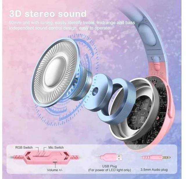 Alt view image 6 of 7 - PHNIXGAM Gaming Headset for PS4, PS5, Xbox One(No Adapter), Cat Ear Headphones with Noise Cancelling Microphone, RGB Backlight, Surround Sound for PC, Mobile Phone, Gradient Pink Blue