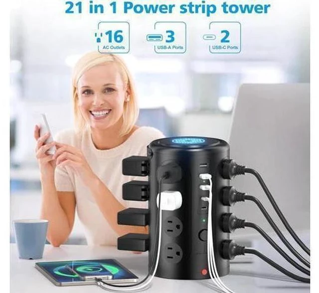 Alt view image 2 of 7 - Tower Power Strip Surge Protector with 16 Outlets and 5 USB Ports (2 USB-C), 6FT Extension Cord with Multiple Outlets,Heavy Duty Charging Station,Home Office Dorm Room Essentials. No Wireless Charging