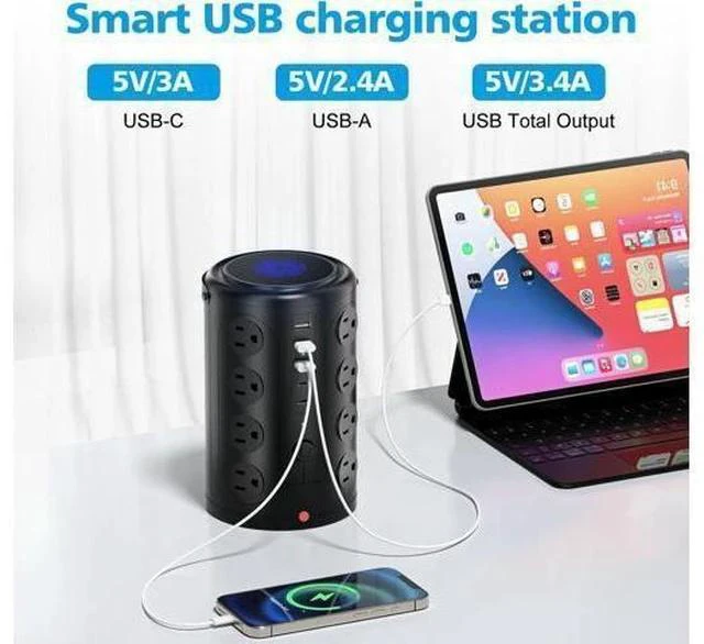 Alt view image 5 of 7 - Tower Power Strip Surge Protector with 16 Outlets and 5 USB Ports (2 USB-C), 6FT Extension Cord with Multiple Outlets,Heavy Duty Charging Station,Home Office Dorm Room Essentials. No Wireless Charging