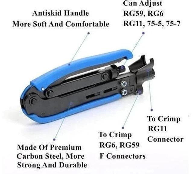 Alt view image 7 of 7 - Coax Cable Crimper Tool Kit, Coaxial Compression Tool for rg6 rg59 rg11 with 1 Wire Stripper, 10pcs F Male rg6 Connectors And 10pcs Female to Female rg6 Connectors, 1 Screwdriver