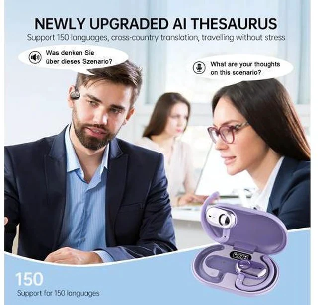 Alt view image 2 of 7 - Over The Ear Translator Earbuds AI Translation Earbuds Earphones Real Time 150 Language Translator Ear Buds Translating Bone Conduction Headphones Wireless Bluetooth Out of Ear Open Ear Earbuds