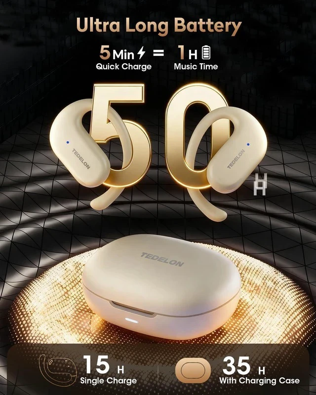 Alt view image 5 of 7 - Open Ear Earbuds, 50H Open Ear Headphones Bluetooth 5.4, IPX6 Open Ear buds Wireless with Adjustable Ear hook, Hi-res Stereo, AI Clear Call, Lightweight, Wireless Over Earbud for Workout, Gym, Running
