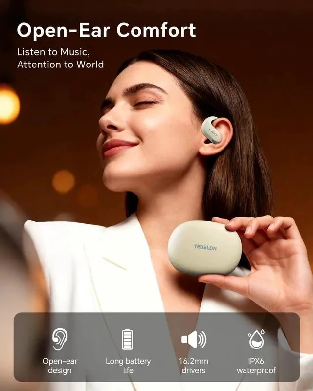 Alt view image 6 of 7 - Open Ear Earbuds, 50H Open Ear Headphones Bluetooth 5.4, IPX6 Open Ear buds Wireless with Adjustable Ear hook, Hi-res Stereo, AI Clear Call, Lightweight, Wireless Over Earbud for Workout, Gym, Running