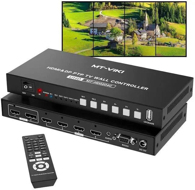 Main image of 4K@60Hz HDMI+DP Video Wall Controller 2X2, Support 90°/ 180° /270° Rotate, Support Resolution UP to 4K@60Hz for 2X2 Mode, 8K@60Hz for 1X4 Mode (2 Input 4 Output)