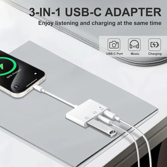 Alt view image 2 of 7 - Aux to USB C to USB Adapter 3-in-1 USB OTG Adapter with USB C to 3.5mm Audio Adapter and 60W PD Fast Charging Port Compatible with iPhone15/16/17 iPadPro MacBook Galaxy S23 and More