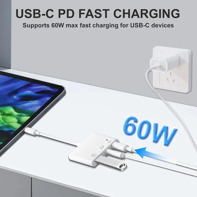 Alt view image 6 of 7 - Aux to USB C to USB Adapter 3-in-1 USB OTG Adapter with USB C to 3.5mm Audio Adapter and 60W PD Fast Charging Port Compatible with iPhone15/16/17 iPadPro MacBook Galaxy S23 and More