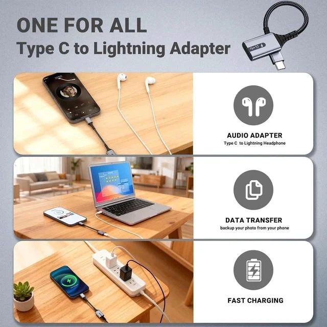 Alt view image 2 of 7 - USB C to Lightning Adapter 3-in-1 Type C to Female Lightning Converter OTG Cable for iPhone 15/14/13 iPad Pro/Air/Mini MacBook for Charging Data Transfer Music Audio with EarPods