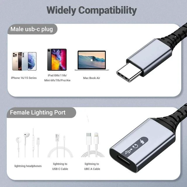 Alt view image 7 of 7 - USB C to Lightning Adapter 3-in-1 Type C to Female Lightning Converter OTG Cable for iPhone 15/14/13 iPad Pro/Air/Mini MacBook for Charging Data Transfer Music Audio with EarPods
