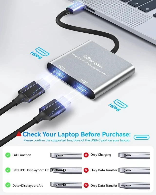Alt view image 3 of 7 - USB C to HDMI Adapter 4k60Hz USBC to HDMI for Dual Monitor Adapter hdmi Splitter Extended Display USB c hub 2hdmi Ports (USB C to Dual hdmidisplay)