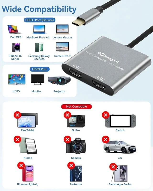 Alt view image 6 of 7 - USB C to HDMI Adapter 4k60Hz USBC to HDMI for Dual Monitor Adapter hdmi Splitter Extended Display USB c hub 2hdmi Ports (USB C to Dual hdmidisplay)