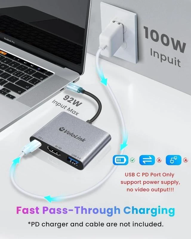Alt view image 5 of 7 - USB C HUB usbc to hdmi Adapter USB c multiport Adapter Equipped with a 4K@60Hz HDMI Output Port 100W PD Charging Port (Charging Function only)