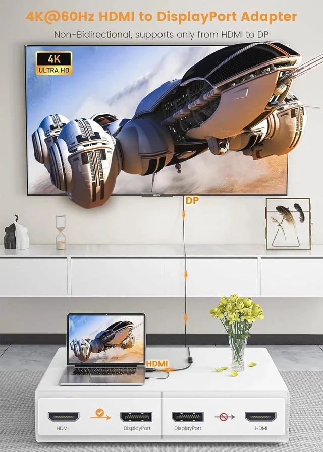 Alt view image 2 of 7 - 4K HDMI to DP Adapter HDMI to DisplayPort Adapter Cable 4K@60HZ Male to Female for Source Device to DP Display