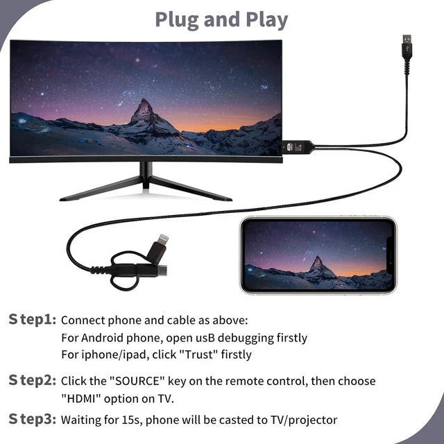 Alt view image 3 of 7 - HDMI Cable to TV Adapter 2k 60Hz 1080P Phone to TV HDTV AV Adapter for Android Phone Type C 3-in-1 Design Multi-Function Plug & Play HDMI Cable Compatible with TV/PS5/HDTV/Blu-ray