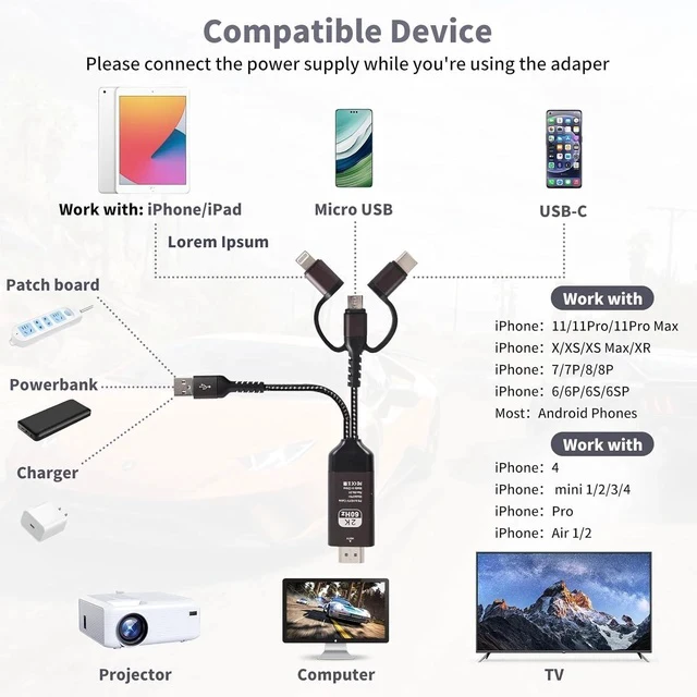 Alt view image 7 of 7 - HDMI Cable to TV Adapter 2k 60Hz 1080P Phone to TV HDTV AV Adapter for Android Phone Type C 3-in-1 Design Multi-Function Plug & Play HDMI Cable Compatible with TV/PS5/HDTV/Blu-ray
