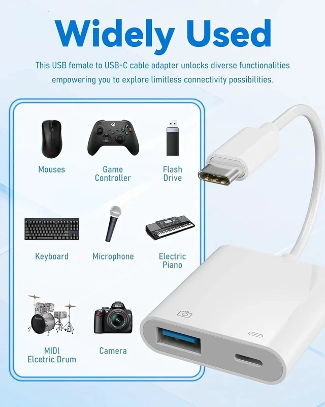 Alt view image 2 of 7 - USB C to USB Camera Adapter with 30W PD Charging Port OTG Cable Compatible with for iPhone 17/16/15 iPad Android Phone Tablet USB 3.0 Female for Flash Drives Keyboards Mice and More