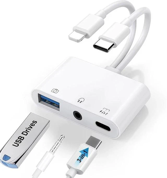 Main image of USB C & Lighting to 3.5mm Headphone Adapter 3-in-1 USB OTG Camera Adapter & Aux Headphone Splitter Supports Charging/Audio/Data Transfer for iPhone 17/16/15/14/13/12 Galaxy S25/24 Laptops