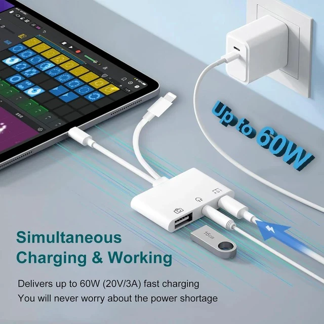Alt view image 5 of 7 - USB C & Lighting to 3.5mm Headphone Adapter 3-in-1 USB OTG Camera Adapter & Aux Headphone Splitter Supports Charging/Audio/Data Transfer for iPhone 17/16/15/14/13/12 Galaxy S25/24 Laptops