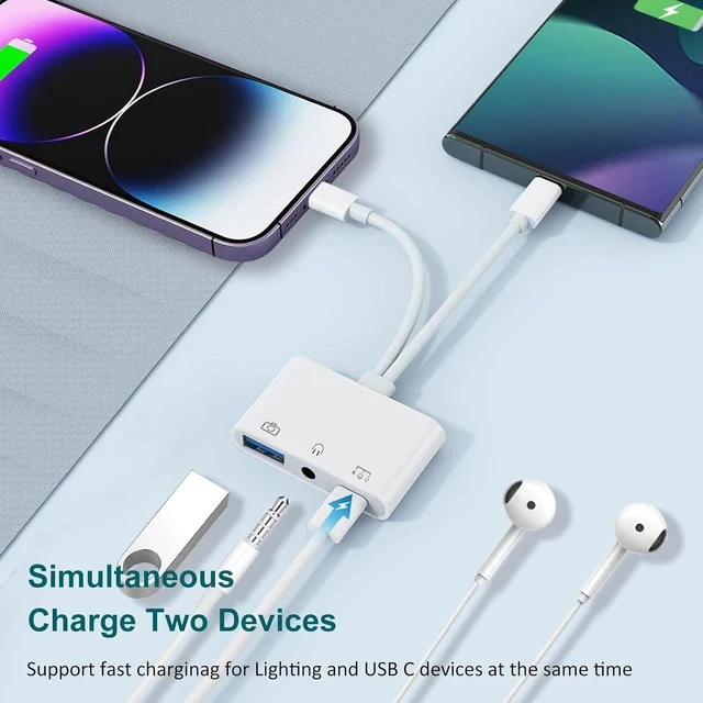 Alt view image 6 of 7 - USB C & Lighting to 3.5mm Headphone Adapter 3-in-1 USB OTG Camera Adapter & Aux Headphone Splitter Supports Charging/Audio/Data Transfer for iPhone 17/16/15/14/13/12 Galaxy S25/24 Laptops