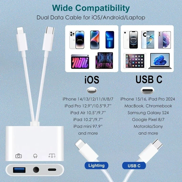 Alt view image 7 of 7 - USB C & Lighting to 3.5mm Headphone Adapter 3-in-1 USB OTG Camera Adapter & Aux Headphone Splitter Supports Charging/Audio/Data Transfer for iPhone 17/16/15/14/13/12 Galaxy S25/24 Laptops