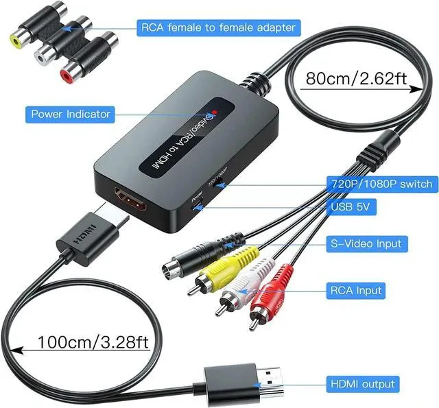 Alt view image 5 of 7 - RCA Svideo to HDMI Converter with HD Cable(RCA and Svideo Integrated) CVBS Composite AV to HDMI Converter