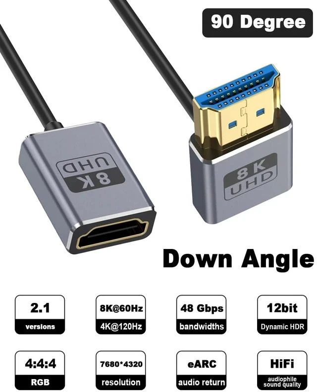 Alt view image 2 of 7 - 8K 90 Degree HDMI Extension Cable 1FT Down Angle HDMI Male to Female Cable (48Gbps Bandwidths 8K@60Hz 4K@240Hz) for GH5S PS5 Xbox One Monitor PC
