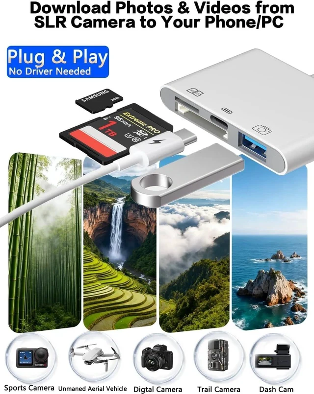 Alt view image 7 of 7 - SD Card Reader for iPhone Pad-OTG Adapter & TF/SD Card Reader with USB-C(Data/Charge/Audio)+USB-A for Digital Camera Photo Transfer Lightning/USB/Type-C 3 Cords to Transfer Photos from Camera to Phone