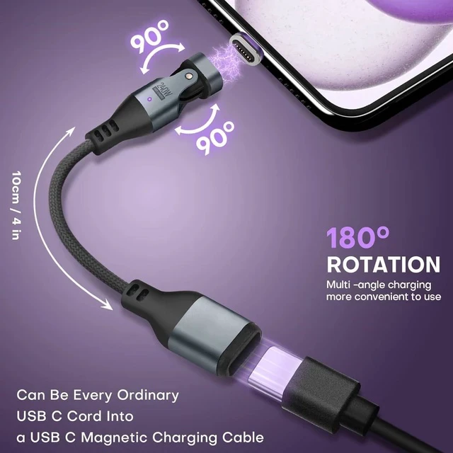 Alt view image 2 of 7 - Magnetic USB Adapter Type C to C with 4 Short Cable 2 Pack 16 PIN PD 240W 180° Rotation USB 2.0 480MBPS 1V3 Tips OTG Port Replacement & Extender Adapter (Black)